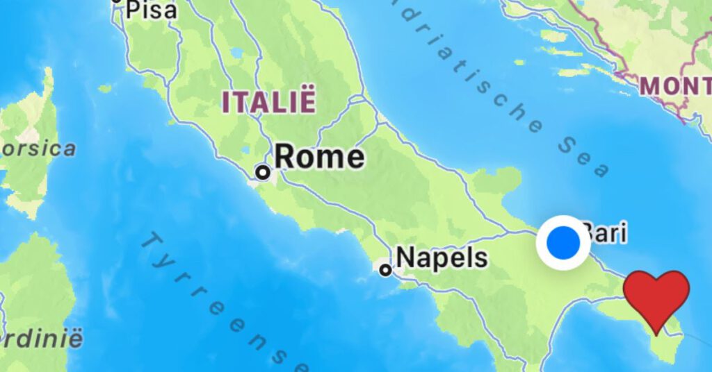 Plattegrond van Italië met een hartje bij Parabita